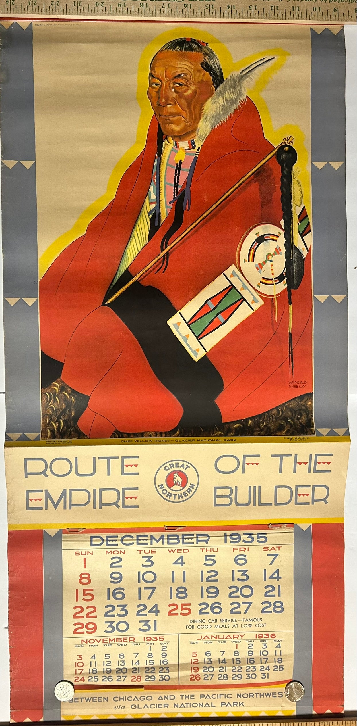 GREAT NORTHERN RAILWAY CHIEF YELLOW KIDNEY WINOLD REISS 1935 CALENDAR
