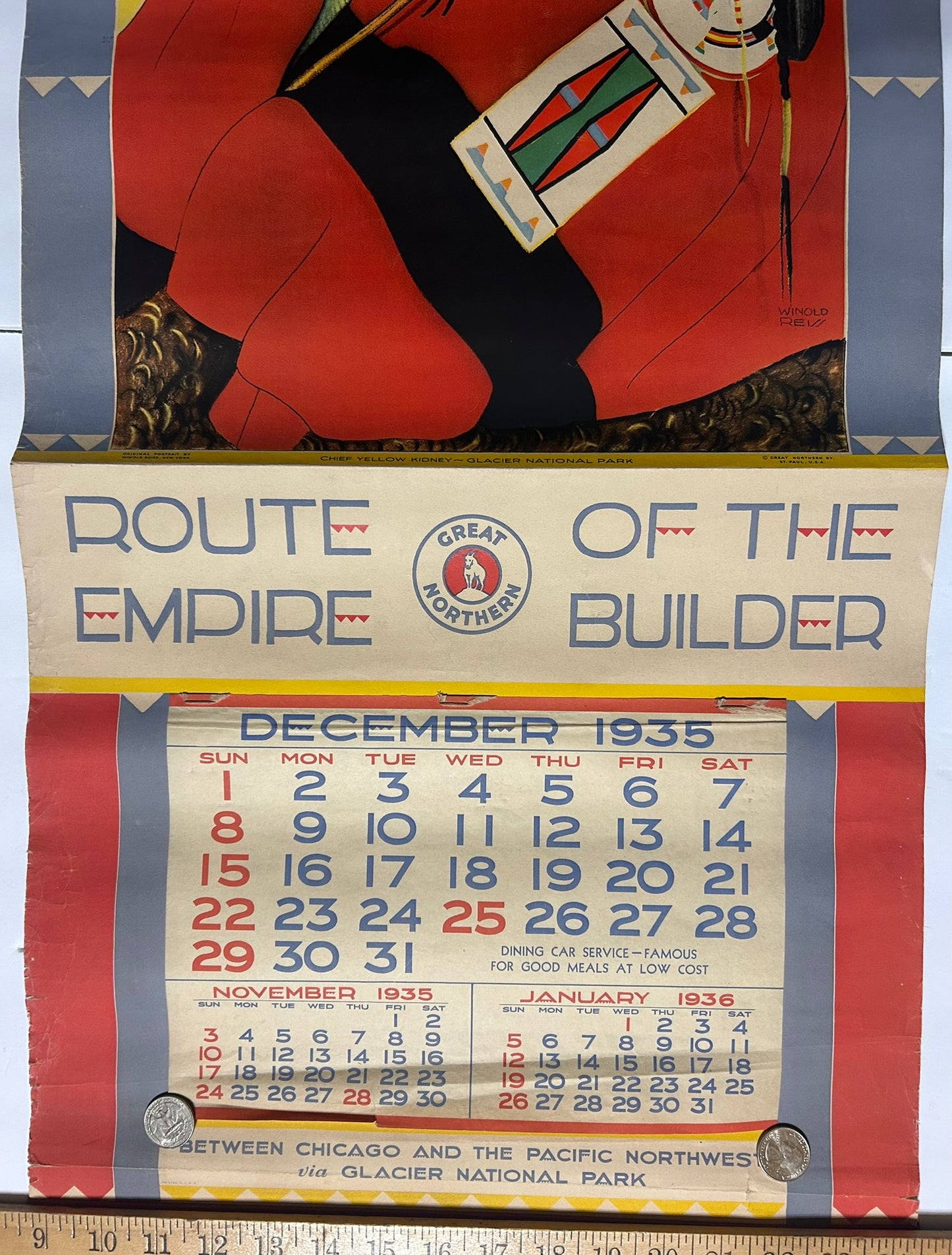 GREAT NORTHERN RAILWAY CHIEF YELLOW KIDNEY WINOLD REISS 1935 CALENDAR