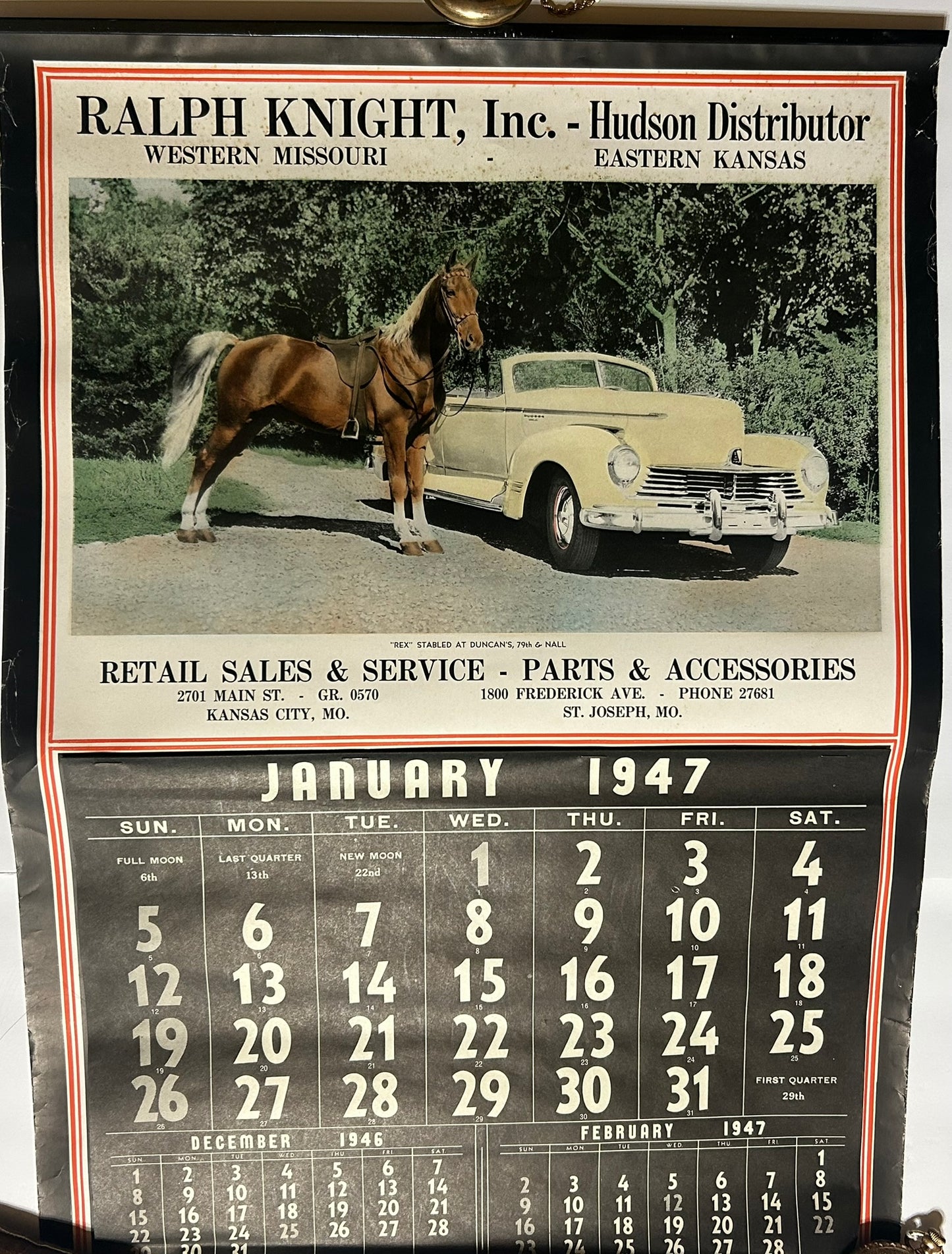 HUDSON CAR 1947 ILLUDTRATED CALENDAR KANSAS CITY AND ST. JOE MISSOURI DEALER