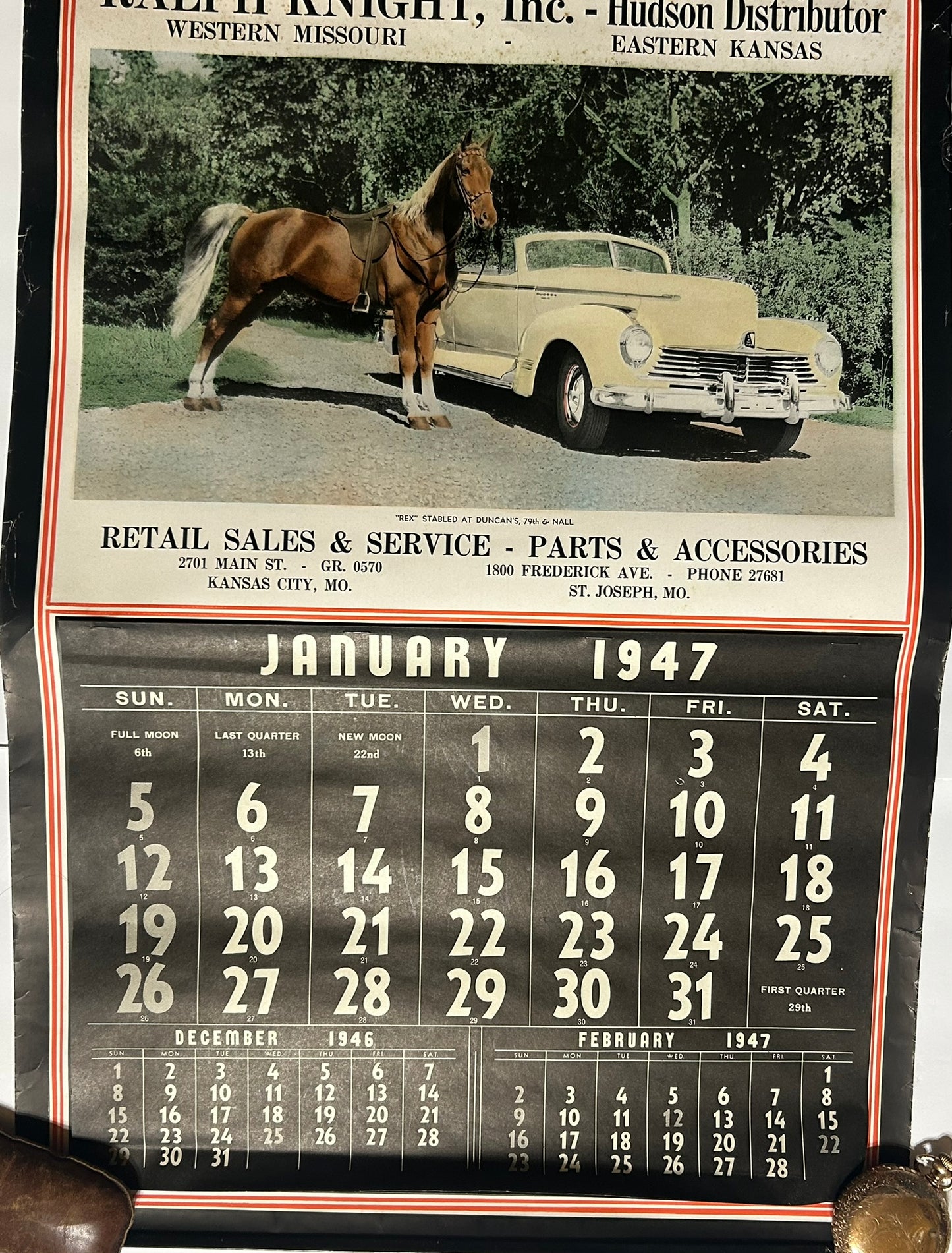 HUDSON CAR 1947 ILLUDTRATED CALENDAR KANSAS CITY AND ST. JOE MISSOURI DEALER