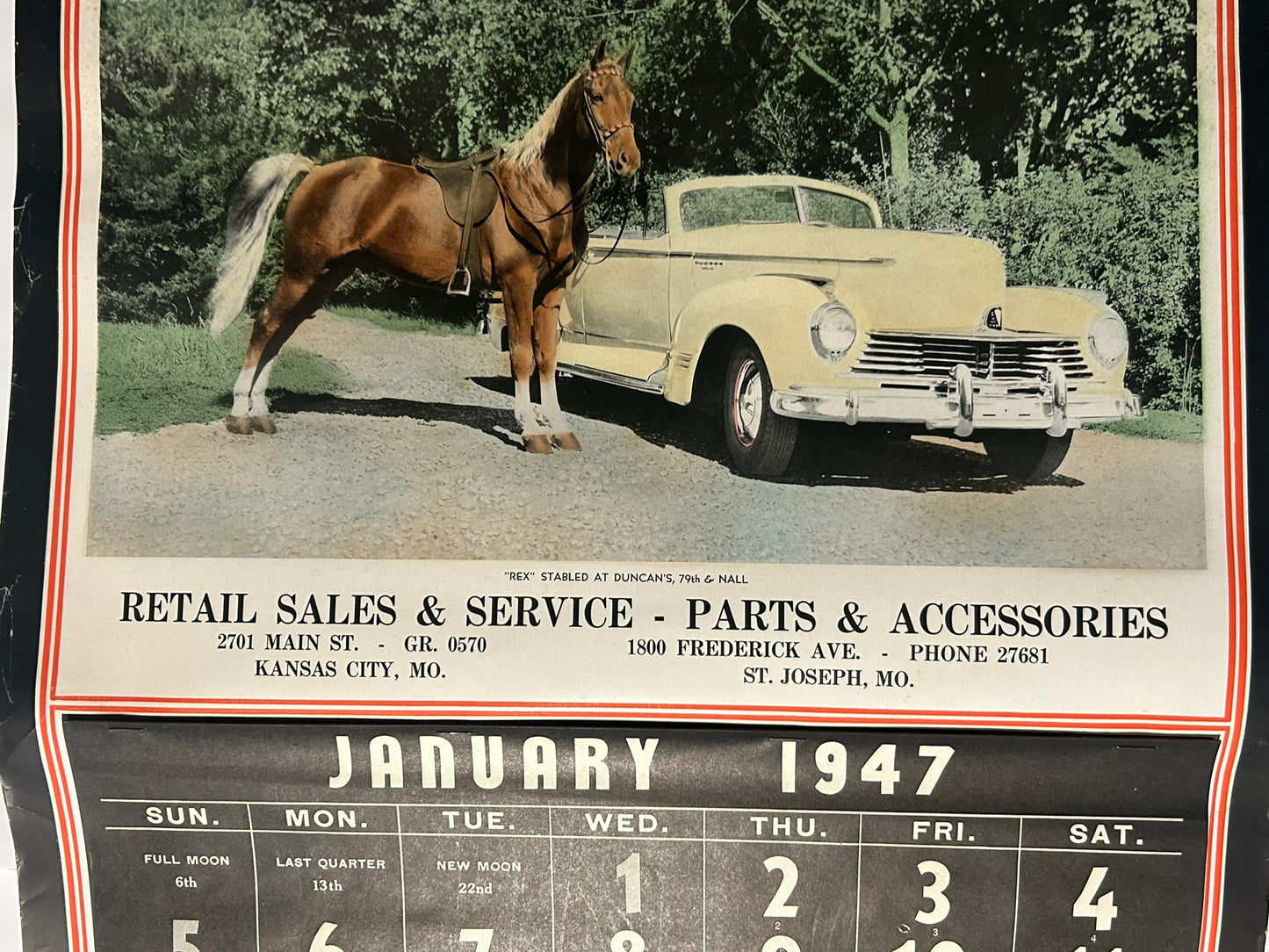 HUDSON CAR 1947 ILLUDTRATED CALENDAR KANSAS CITY AND ST. JOE MISSOURI DEALER