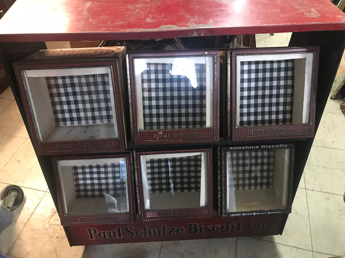 EARLY 1900's FLOOR METAL AND GLASS DISPLAY ADVERTISING RACK FOR COOKIES AND BISCUITS