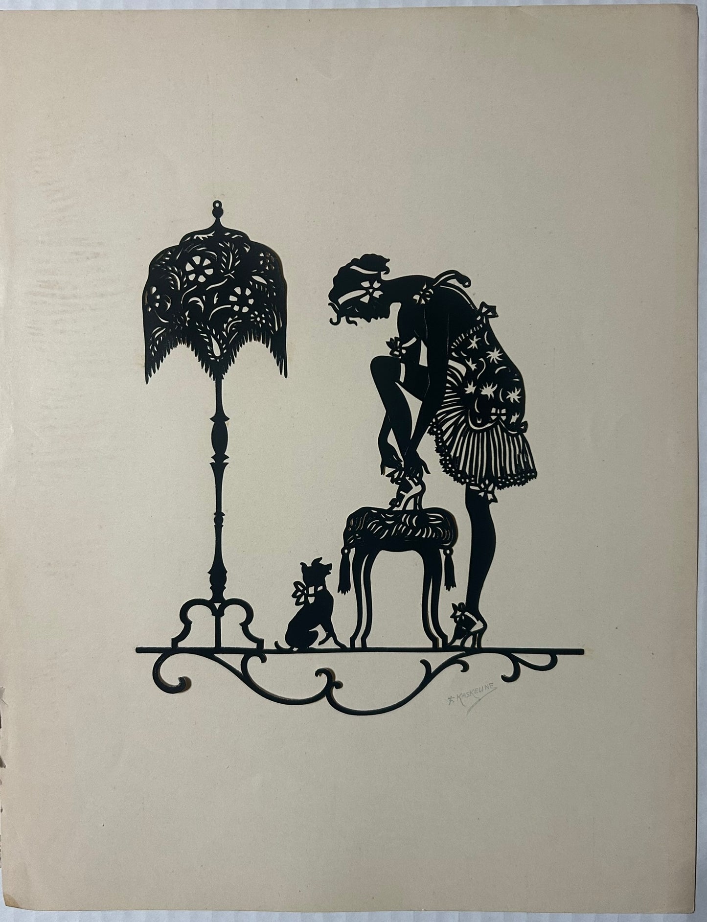 F. KASKELINE CUT OUT ART 1920'S SILHOUETTE OF DECO GIRL ADJUSTING SHOES