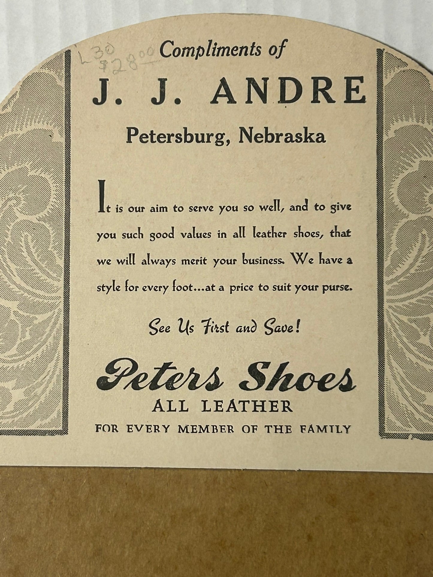 PETERSBURG NEBRASKA ADVERTISING FAN FOR PETERS SHOES