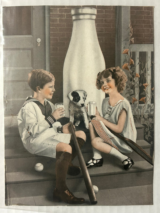 ANTIQUE AD ILLUSTRATION OF BOY AND GIRL BESIDE GIANT MILK BOTTLE