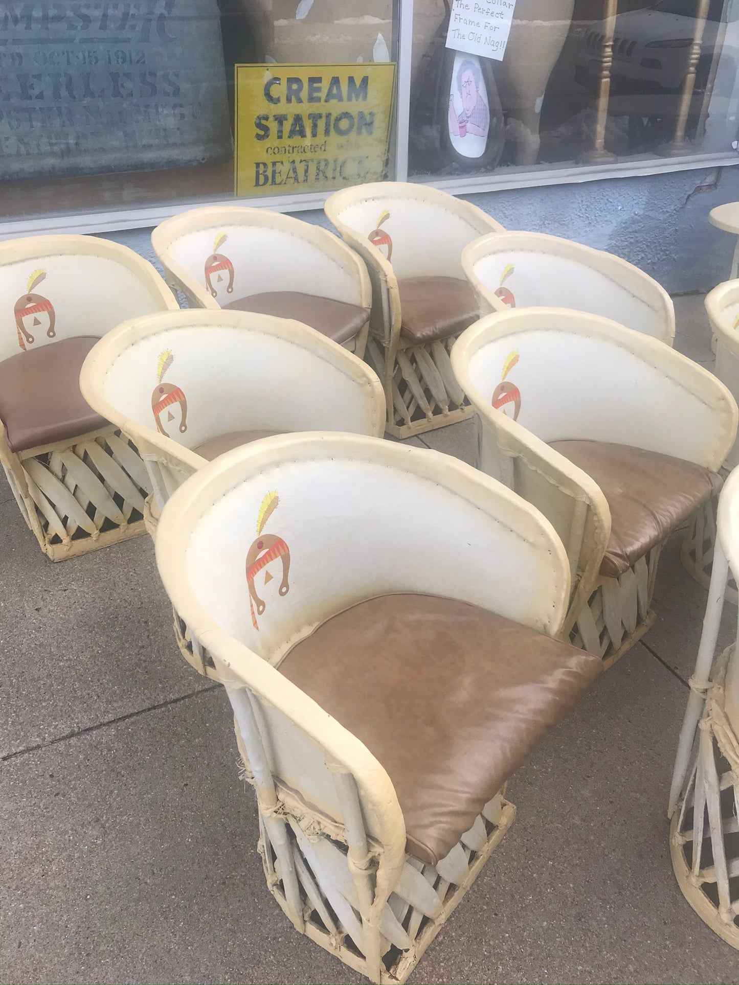 1950's LARGE SET OF PIG SKIN UPHOLSTERED FURNITURE WITH NATIVE AMERICAN MOTIFS