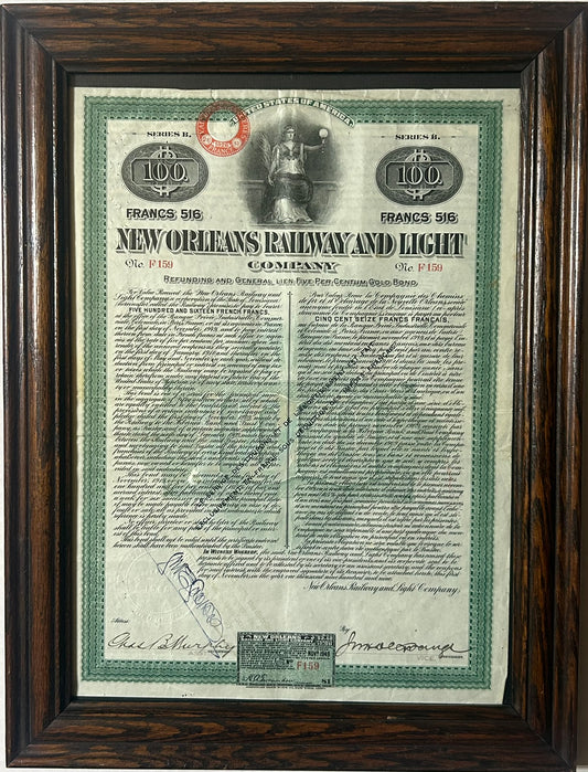 NEW ORLEANS RAILWAY & LIGHT CO. 1905 STOCK CERTIFICATE