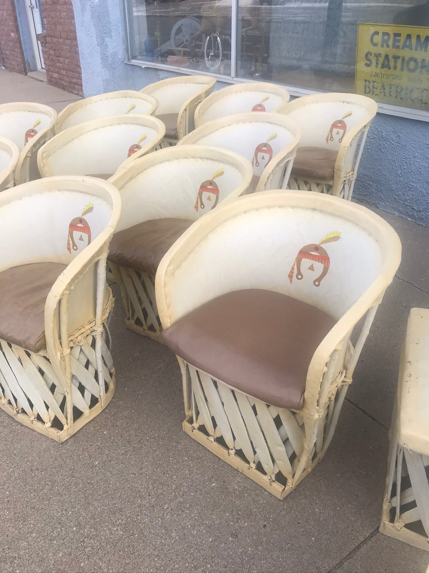 1950's LARGE SET OF PIG SKIN UPHOLSTERED FURNITURE WITH NATIVE AMERICAN MOTIFS
