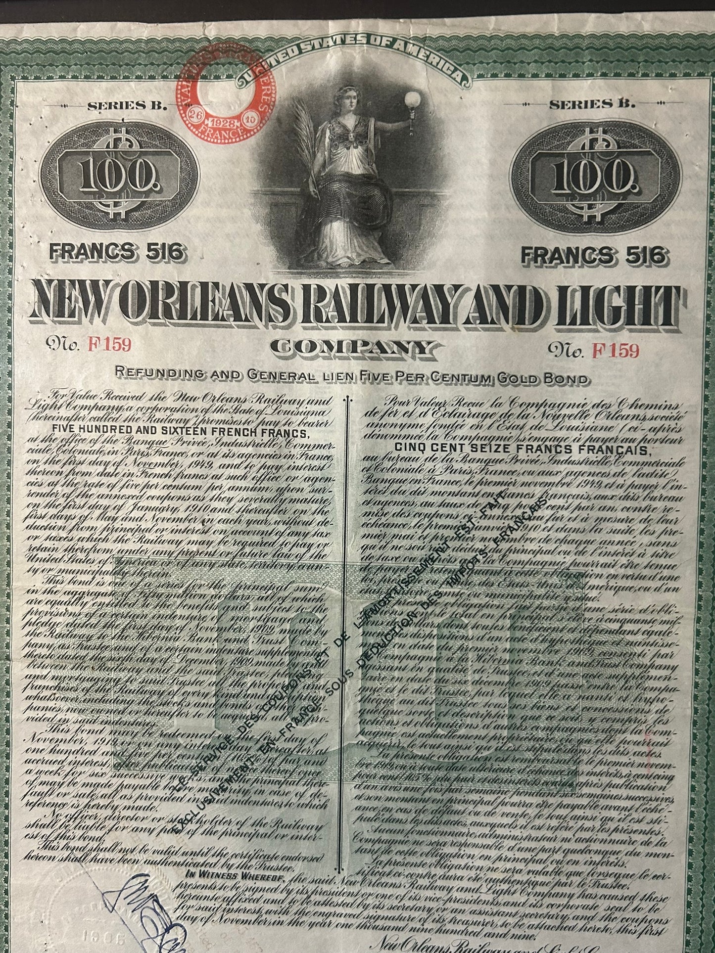 NEW ORLEANS RAILWAY & LIGHT CO. 1905 STOCK CERTIFICATE