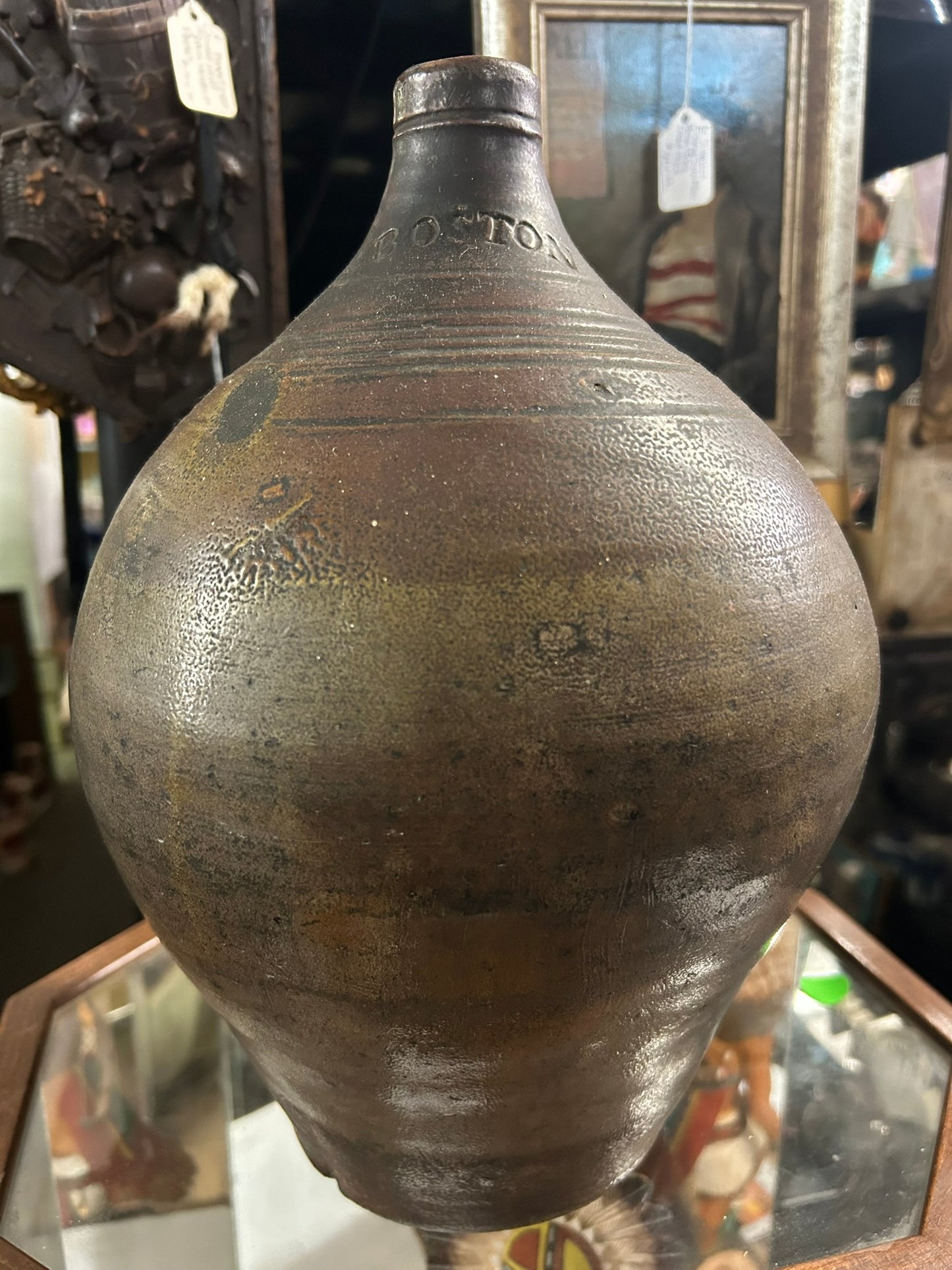 STONEWARE ANTIQUE "BOSTON" CIRCA 1800 MARKED STONEWARE JUG