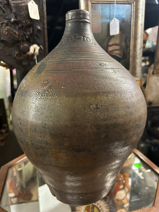 STONEWARE ANTIQUE "BOSTON" CIRCA 1800 MARKED STONEWARE JUG