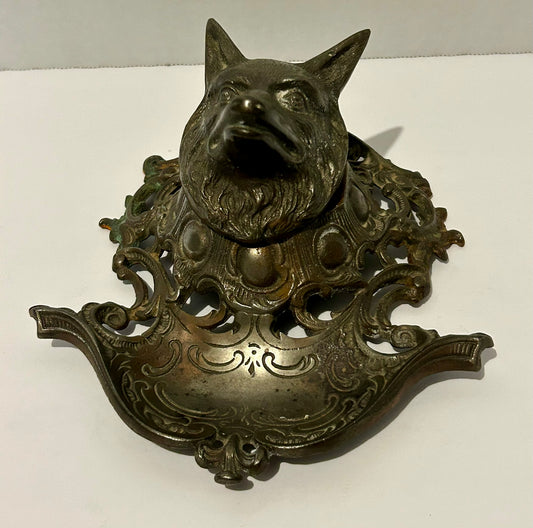 FIGURAL ANTIQUE METAL WOLF INK WELL