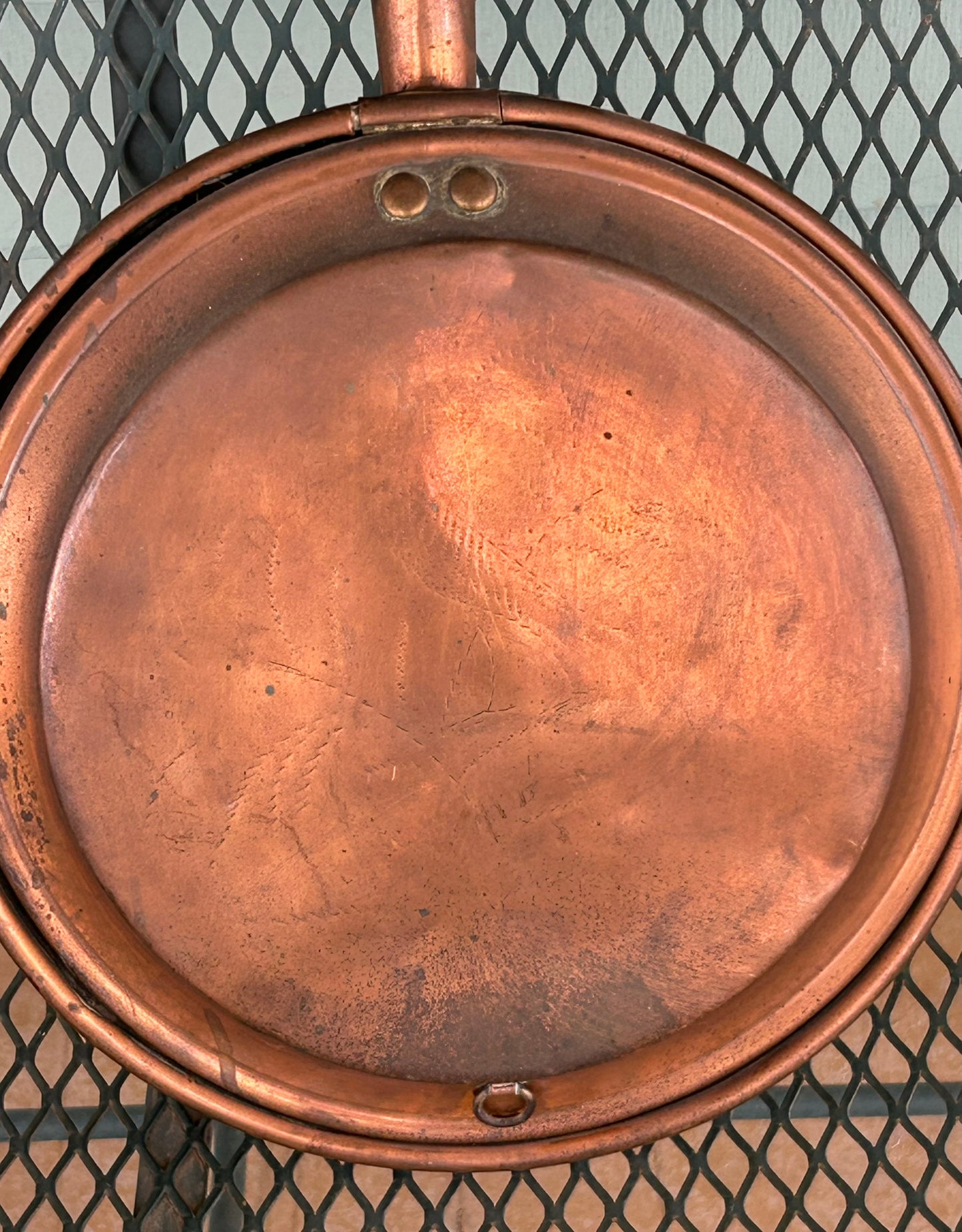 ANTIQUE COPPER BED WARMER WITH BIRD DESIGN