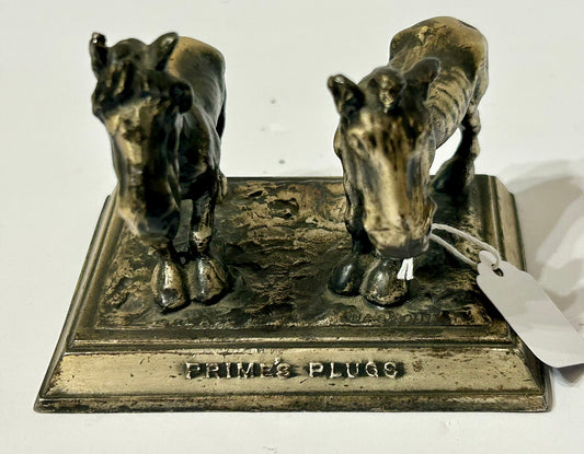 ANTIQUE FIGURAL CAST IRON PAIR OF HORSES PAPERWEIGHT FOR PRIME'S PLUGS