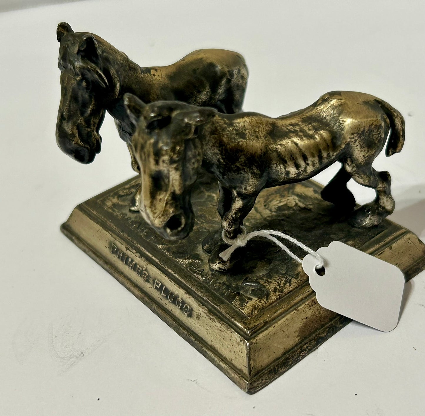 ANTIQUE FIGURAL CAST IRON PAIR OF HORSES PAPERWEIGHT FOR PRIME'S PLUGS