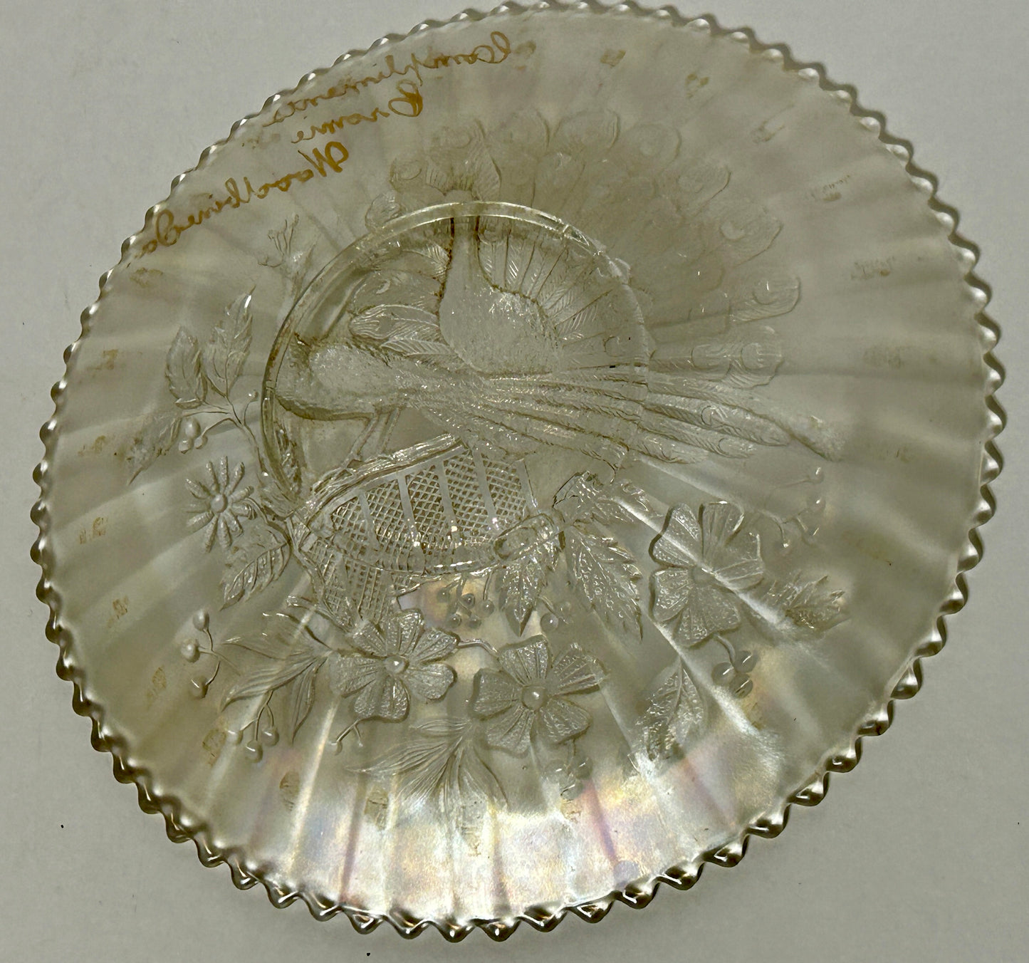 CARNIVAL GLASS WHITE PEACOCKS ON FENCE PLATE