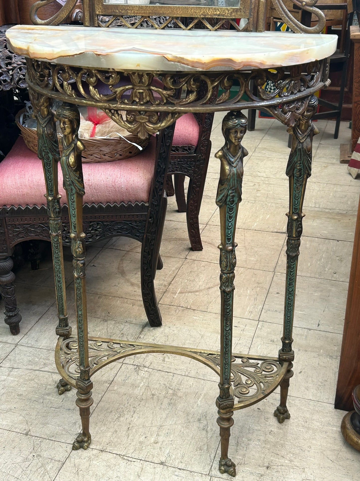 ART DECO METAL CONSOLE TABLE AND MIRROR IN MANNER OF OSCAR BACH