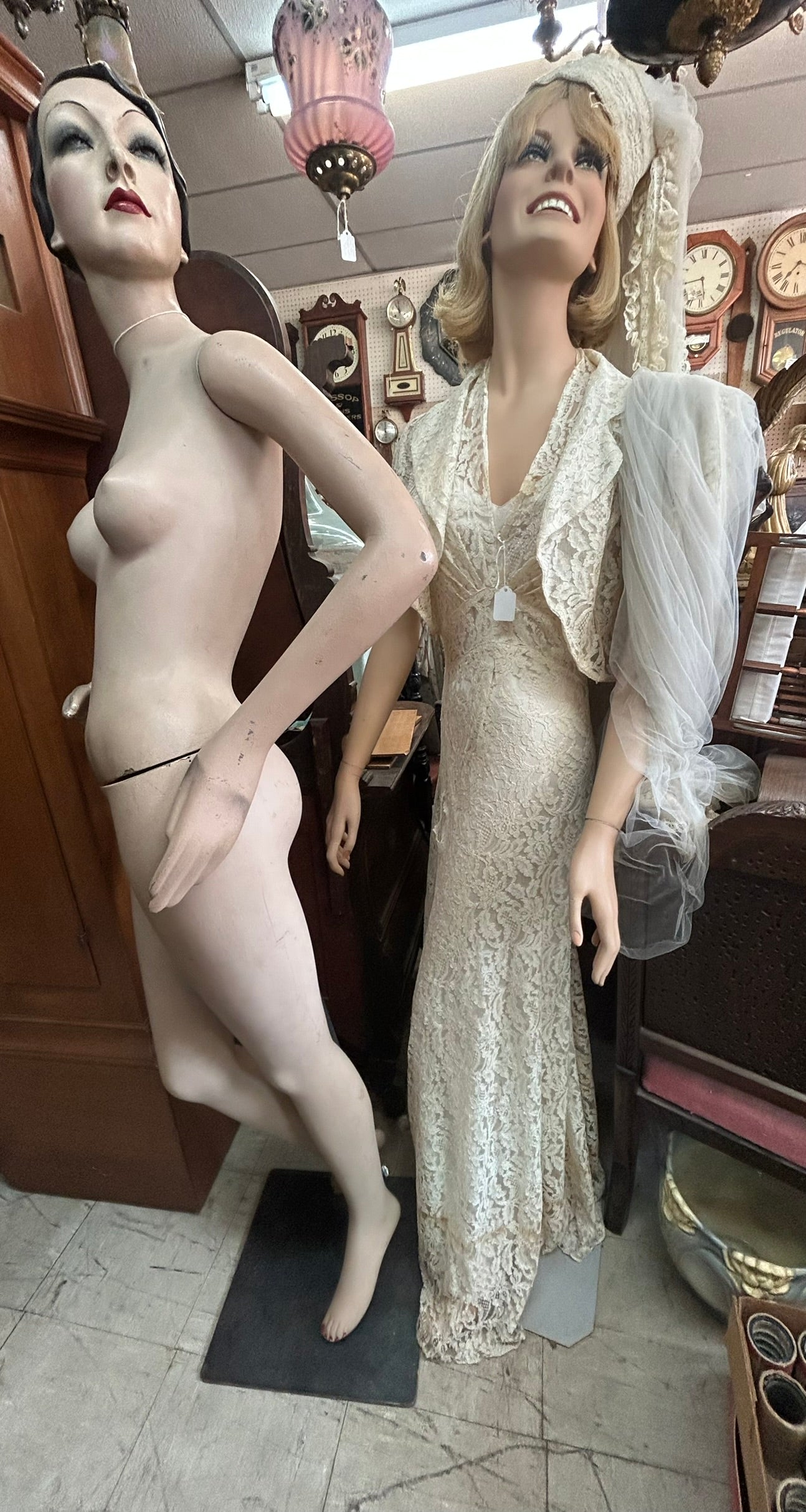 TWO FEMALE MANNEQUINS - ONE DECO PERIOD AND ONE WITH FARRAH FAWCETT SMILE AND PRICED EACH
