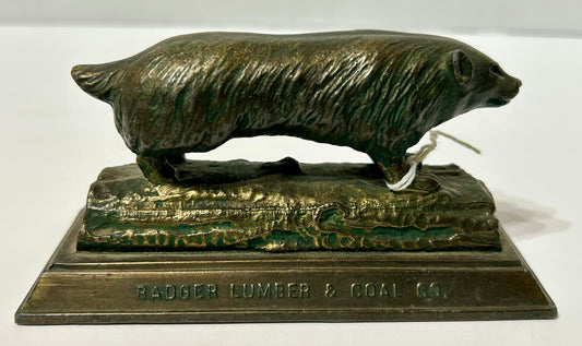 BADGER FIGURAL METAL ANTIQUE ADVERTISING PAPERWEIGHT FOR BADGER LUMBER & COAL CO.