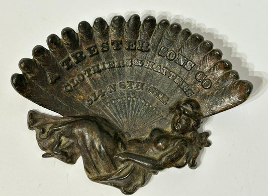 IRON FIGURAL WOMAN ADVERTISING ANTIQUE TRAY A. TRESTER CLOTHING