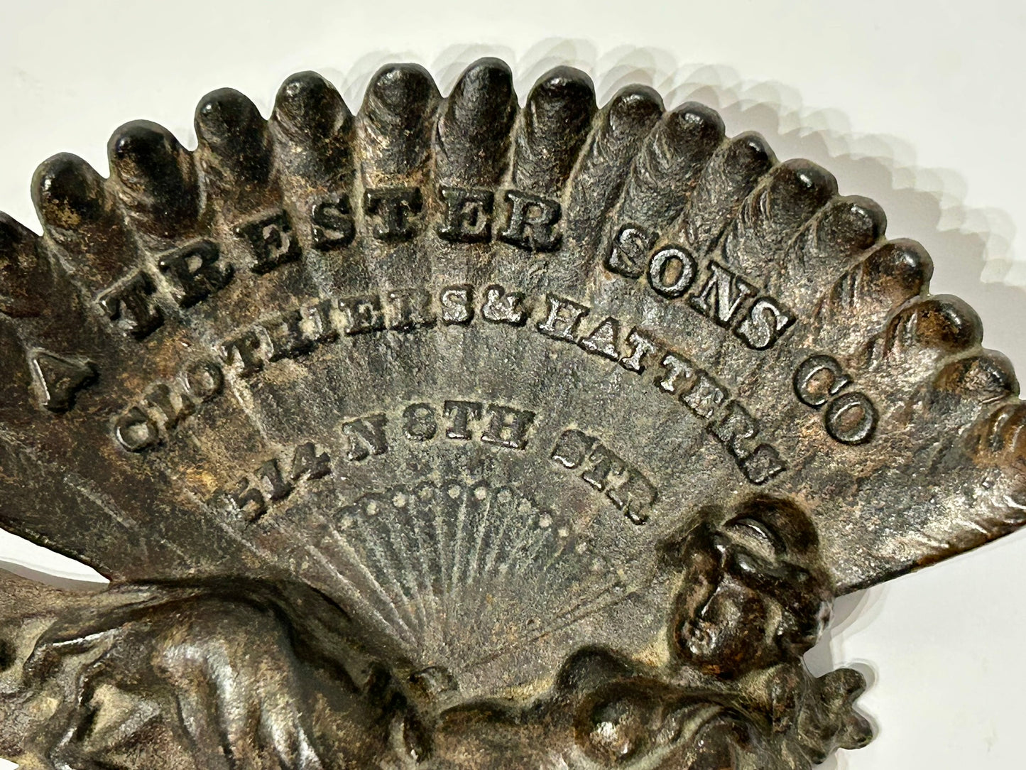 IRON FIGURAL WOMAN ADVERTISING ANTIQUE TRAY A. TRESTER CLOTHING