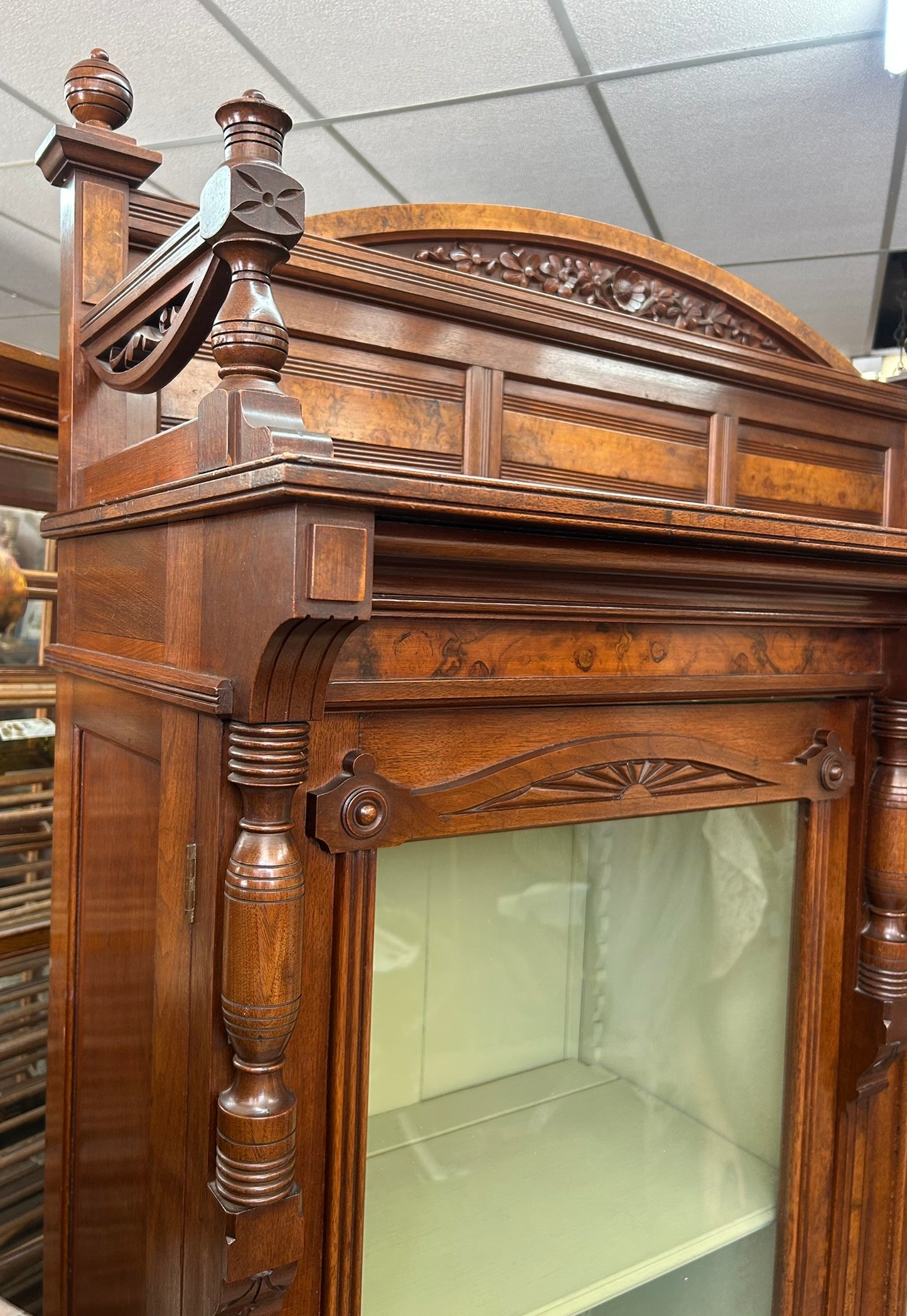 WALNUT VICTORIAN BOOKCASE WITH BURL ACCENTS