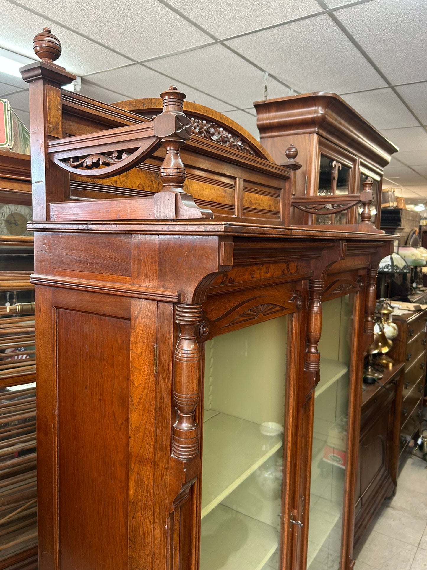 WALNUT VICTORIAN BOOKCASE WITH BURL ACCENTS