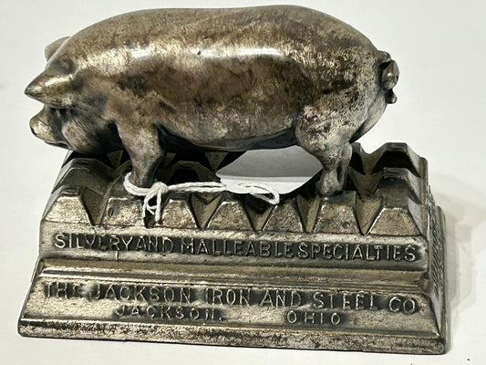 FIGURAL PIG CAST IRON ADVERTISING PAPERWEIGHT FOR JACKSON IRON AND STEEL