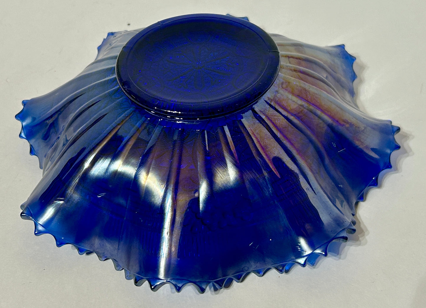 CARNIVAL GLASS EMBROIDERED MUMS NORTHWOOD BLUE BOWL