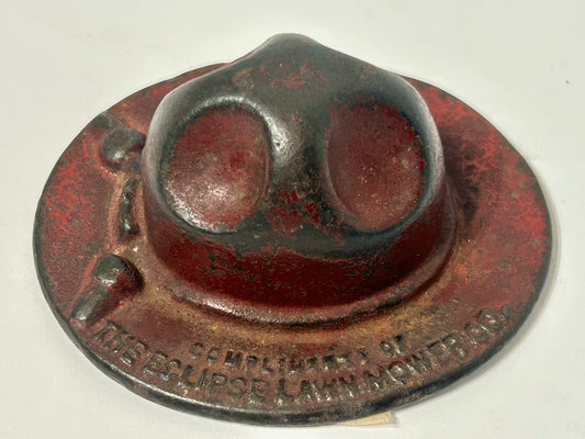 ECLIPSE LAWN MOWER CAST IRON FIGURAL HAT ADVERTISING PAPERWEIGHT