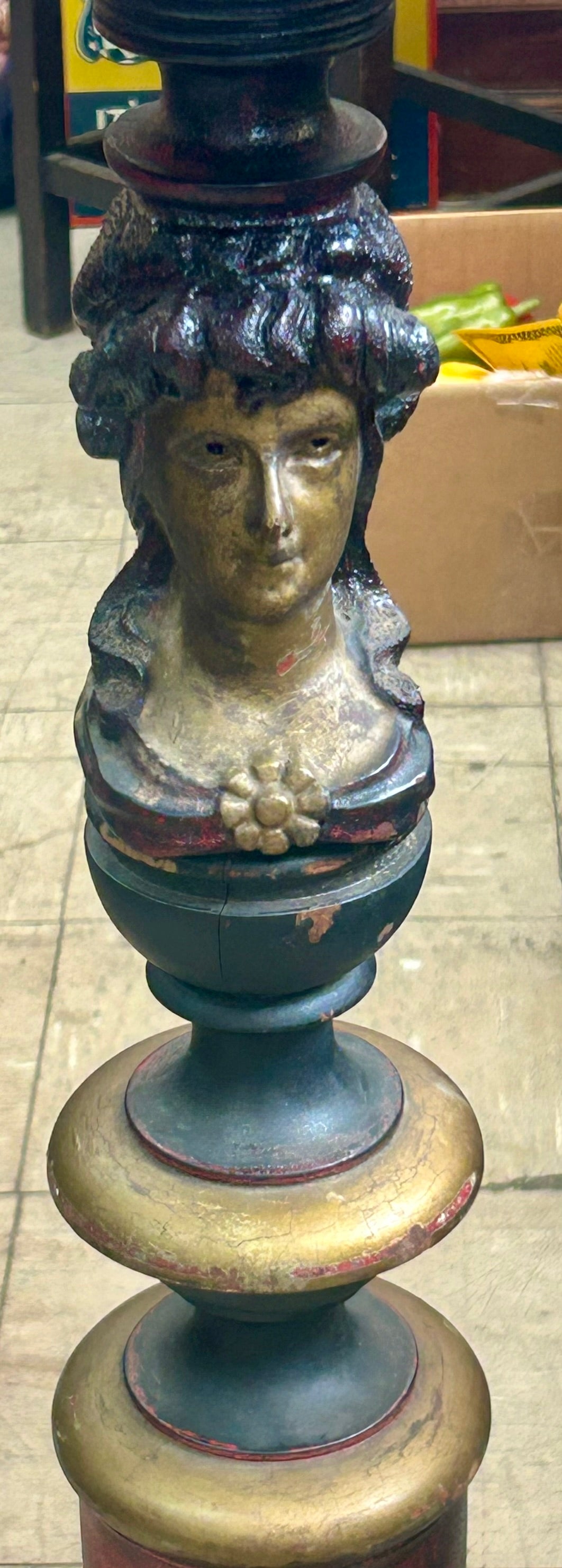 CARVED LADY ANTIQUE STAND WITH ORIGINAL PAINT