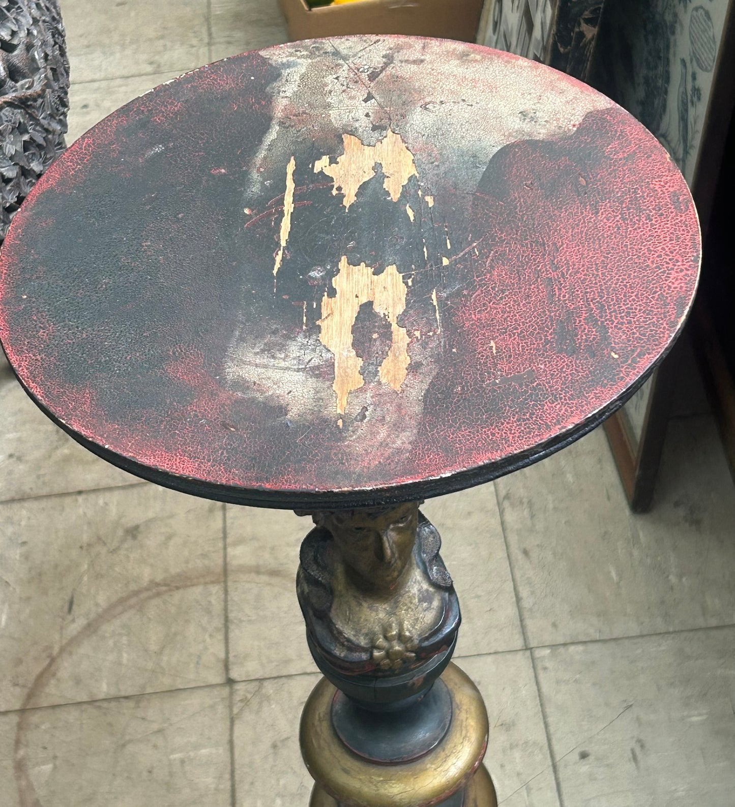 CARVED LADY ANTIQUE STAND WITH ORIGINAL PAINT