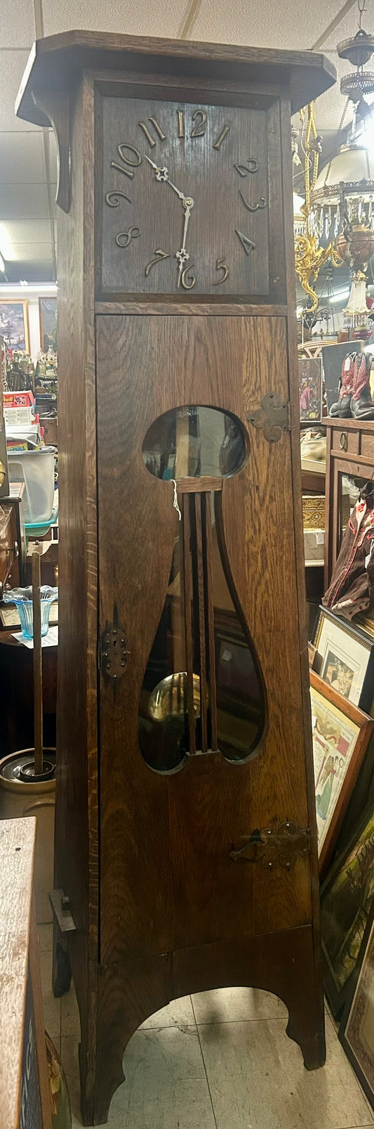 ARTS AND CRAFTS ANTIQUE OAK FLOOR CLOCK