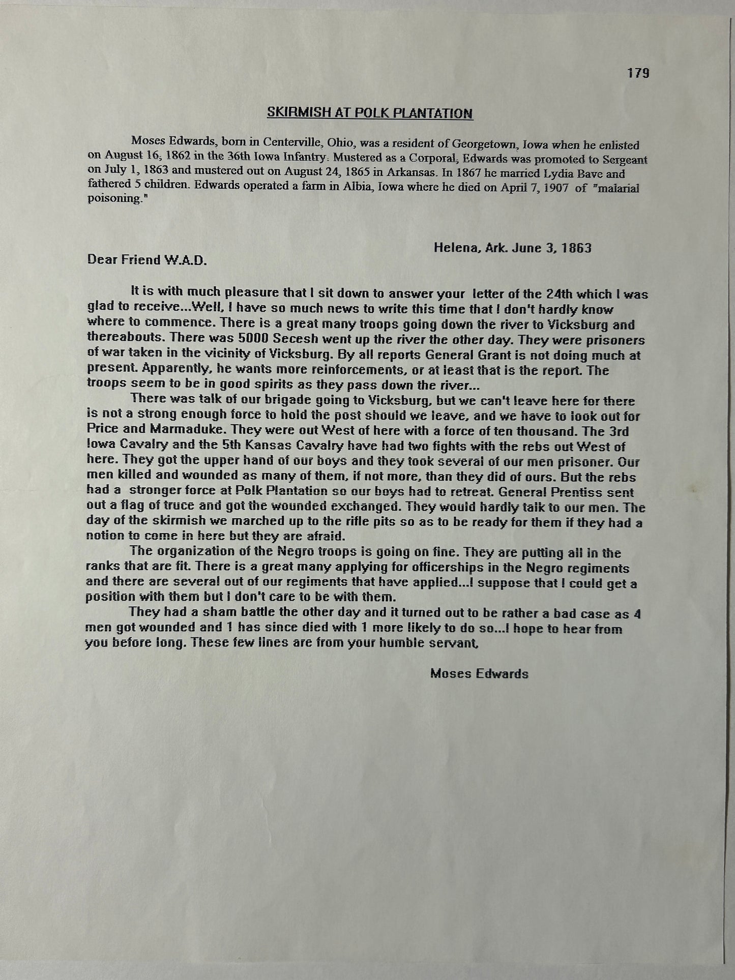CIVIL WAR SOLDIER 36TH IOWA INFANTRY LETTER