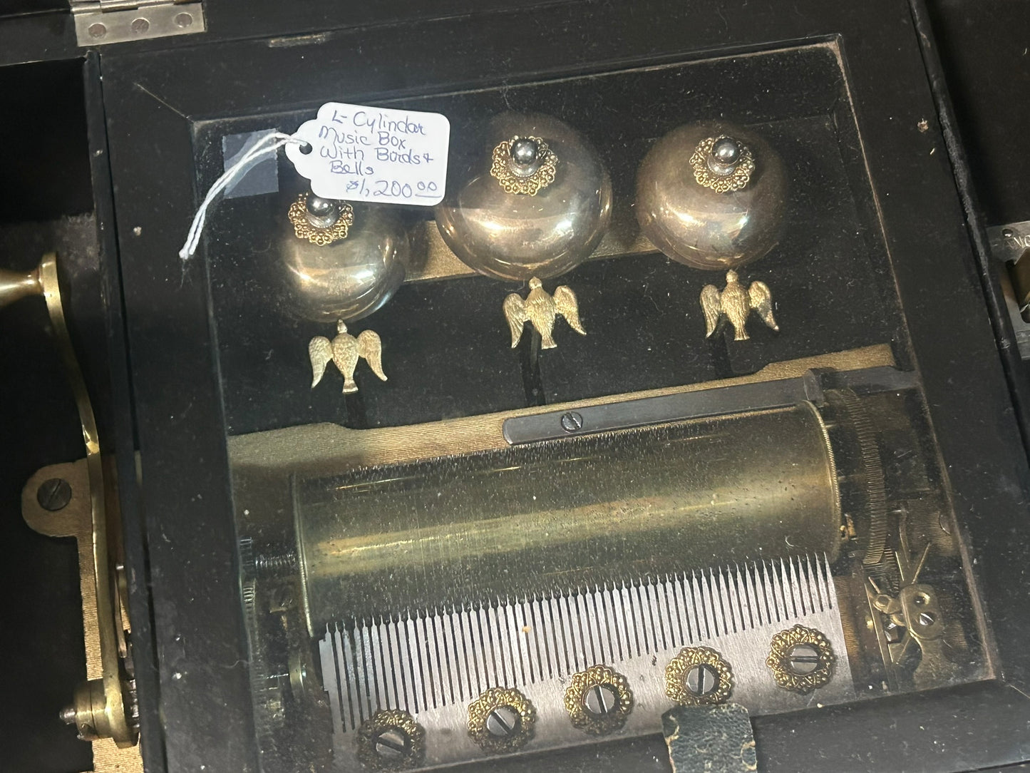 CYLINDER MUSIC BOX WITH BELLS AND BIRD HAMMERS