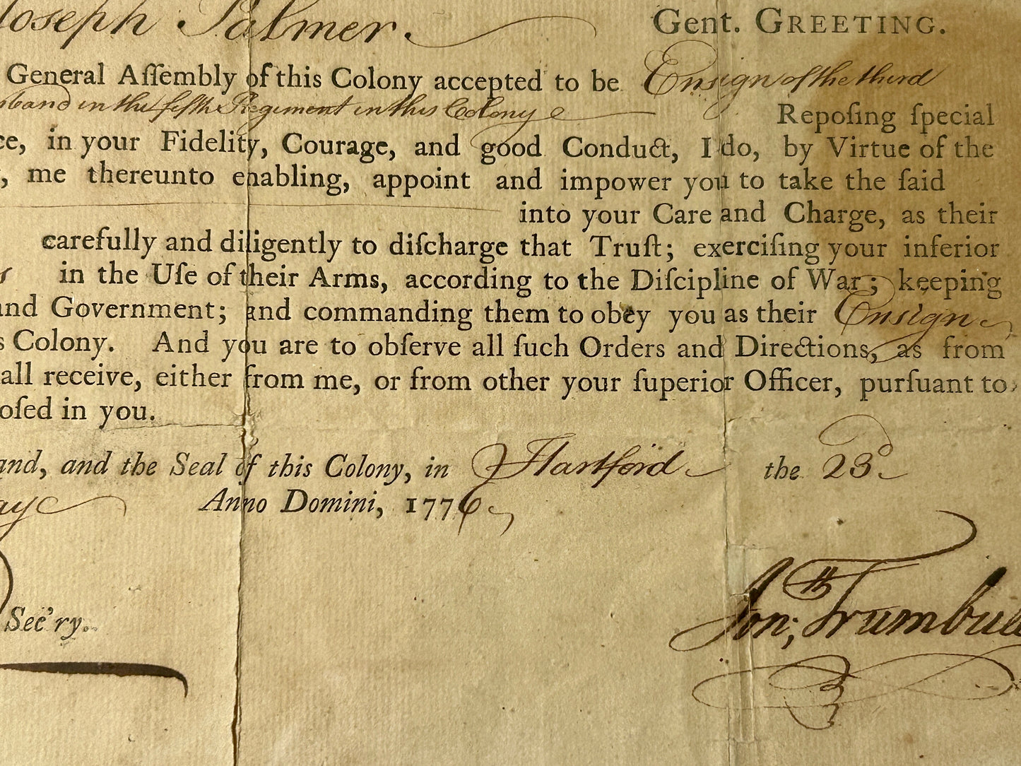 1776 CONNECTICUT SIGNED BY JONATHAN TRUMBLE MILITARY COMMISSION
