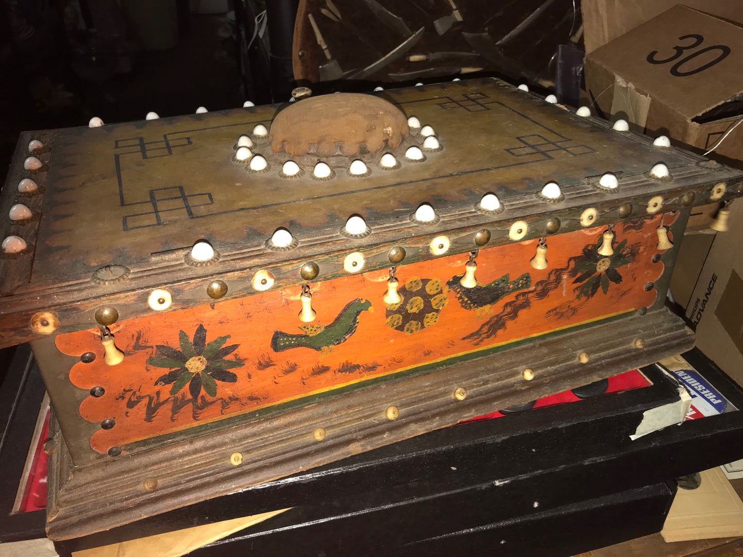 ANTIQUE FOLK ART BOX WITH HEARTS, BIRDS, ETC.