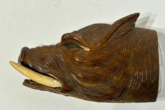 ANTIQUE MATCH HOLDER SHAPED LIKE WILD BOAR WITH WOOD AND IVORY
