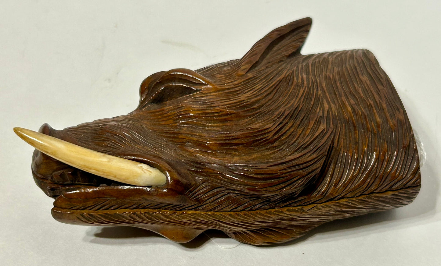 ANTIQUE MATCH HOLDER SHAPED LIKE WILD BOAR WITH WOOD AND IVORY