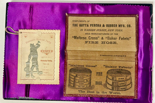 FIREMAN ANTIQUE  CLOTH FIRE HOSE ADVERTISING WALLET AND FIREMAN'S BALL PROGRAM