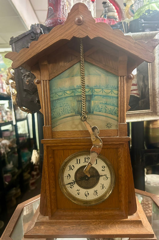 ACROBAT ON TRAPEZE ANIMATED ANTIQUE JUNGHANS CLOCK