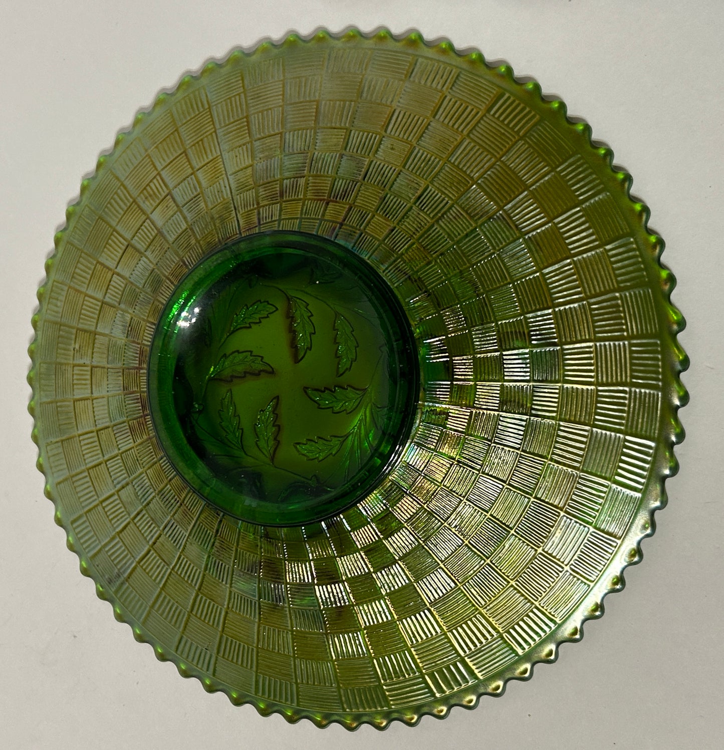 CARNIVAL GLASS GREEN STRAWBERRY AND BASKETWEAVE PLATE