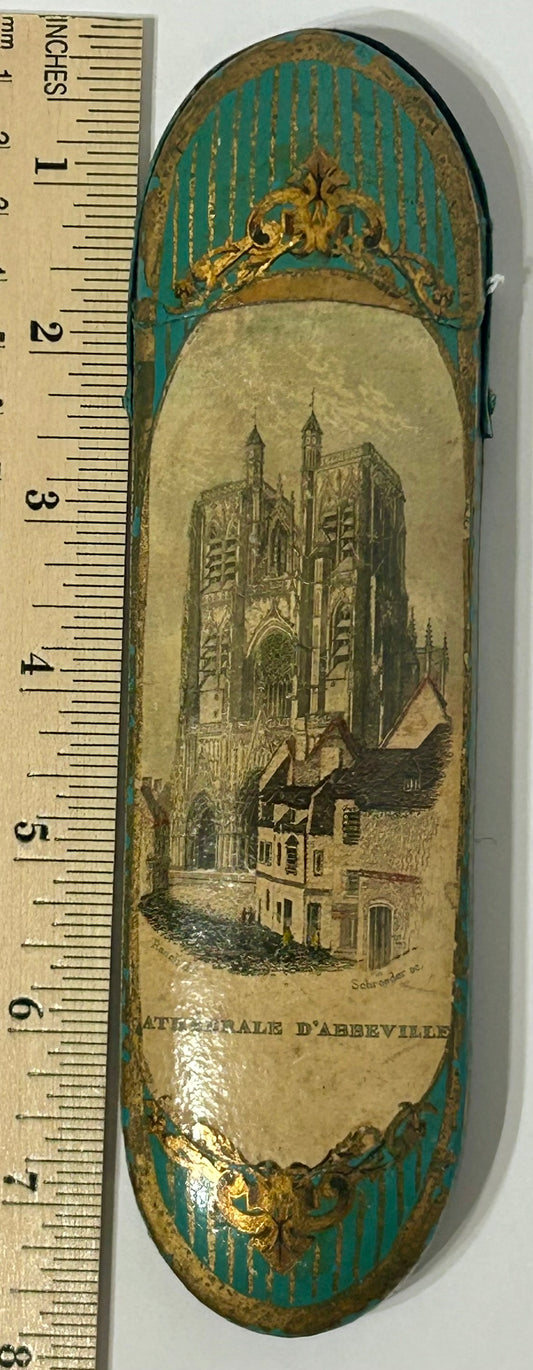 ANTIQUE EYEGLASS CASE LATE 1800'S WITH FRENCH CATHEDRALE D'ABBEVILLE