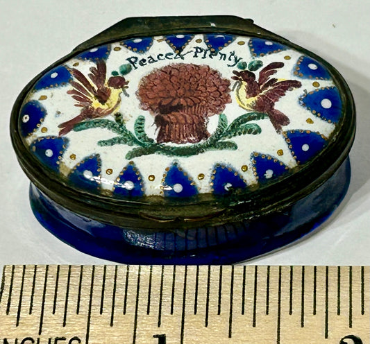 ANTIQUE STAFFORDSHIRE PEACE AND PLENTY ENAMELED OVAL PATCH BOX