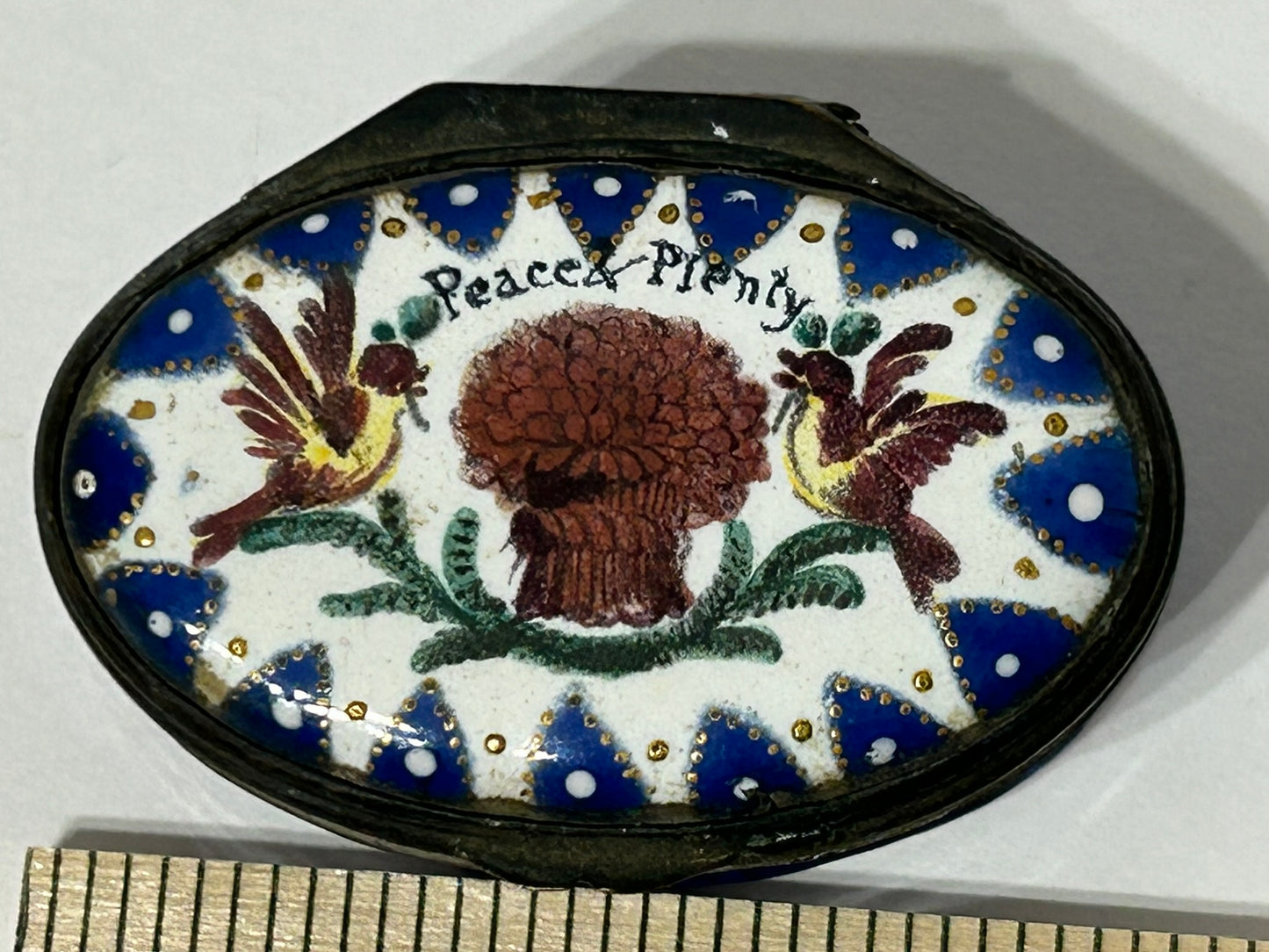 ANTIQUE STAFFORDSHIRE PEACE AND PLENTY ENAMELED OVAL PATCH BOX