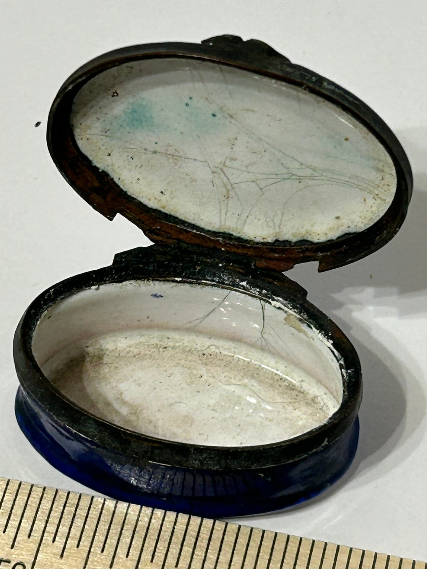 ANTIQUE STAFFORDSHIRE PEACE AND PLENTY ENAMELED OVAL PATCH BOX