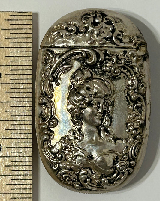 ANTIQUE MATCH SAFE SILVER WITH ART NOVEAU WOMAN
