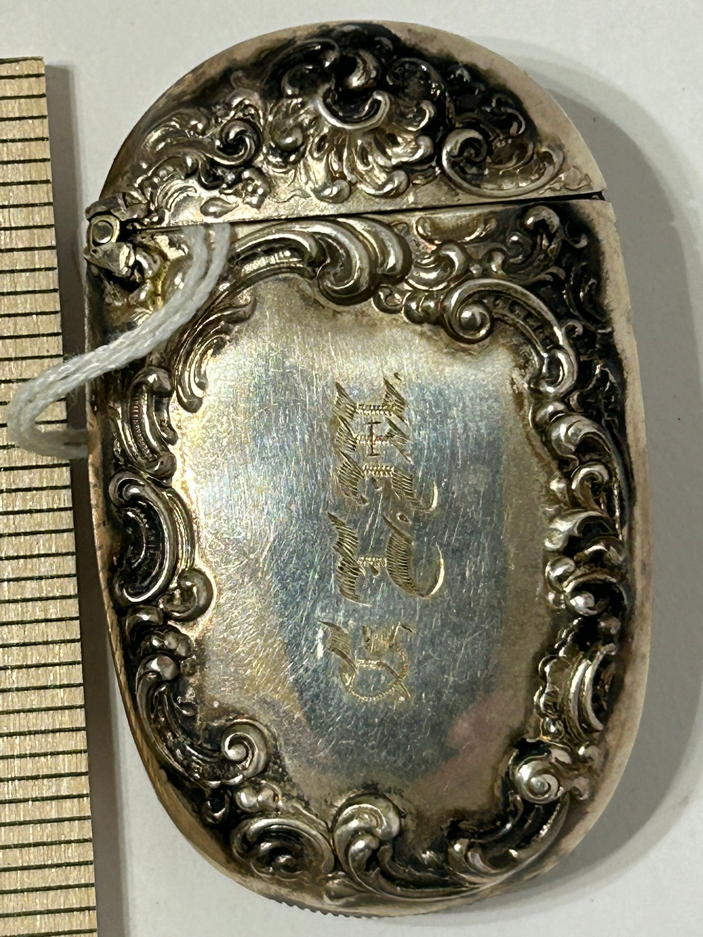 ANTIQUE MATCH SAFE SILVER WITH ART NOVEAU WOMAN