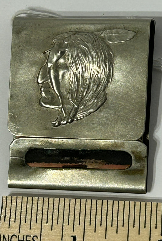 ANTIQUE MATCH BOOK HOLDER WITH NATIVE AMERICAN AND LADY COMBO DESIGN