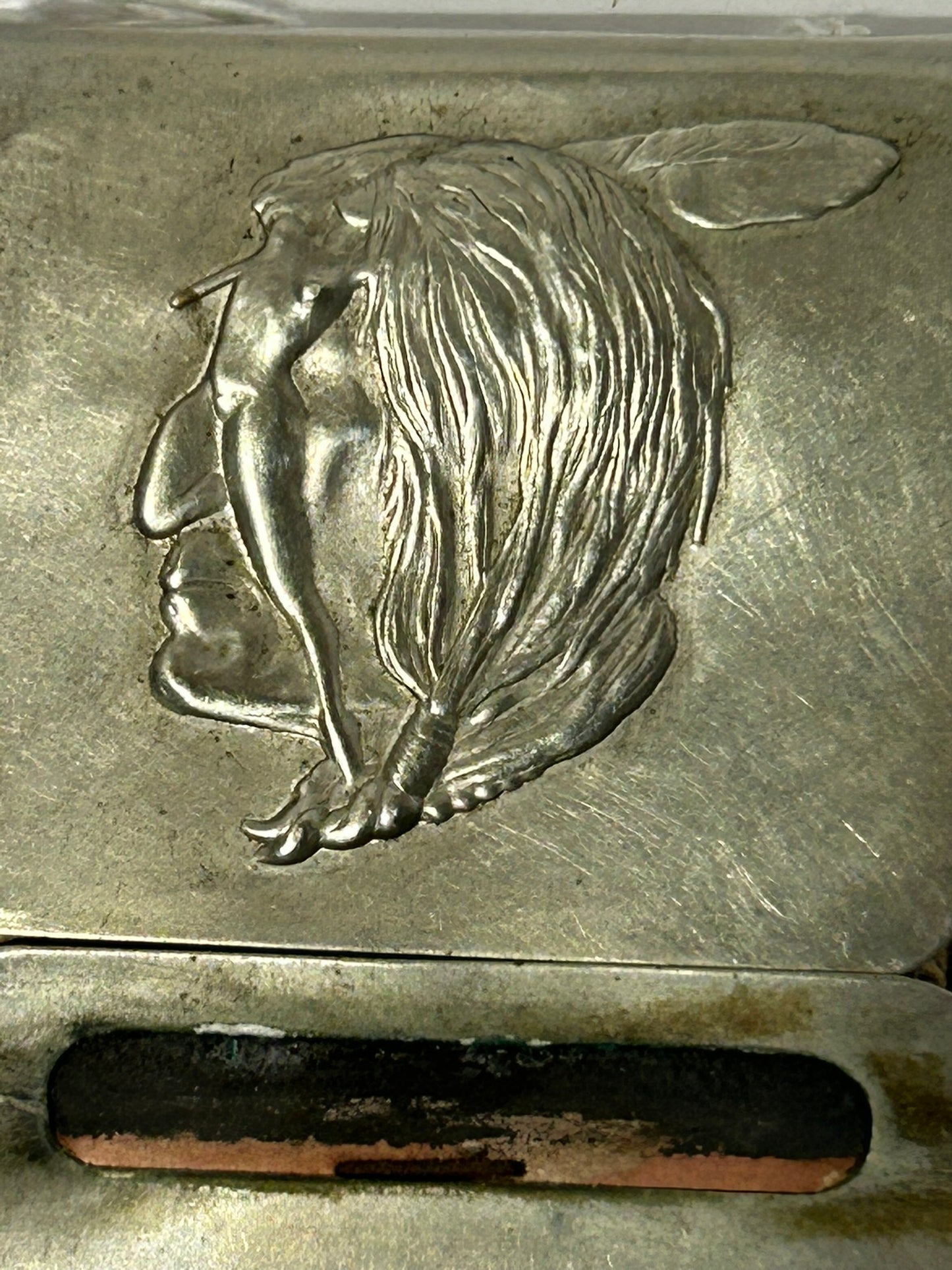 ANTIQUE MATCH BOOK HOLDER WITH NATIVE AMERICAN AND LADY COMBO DESIGN